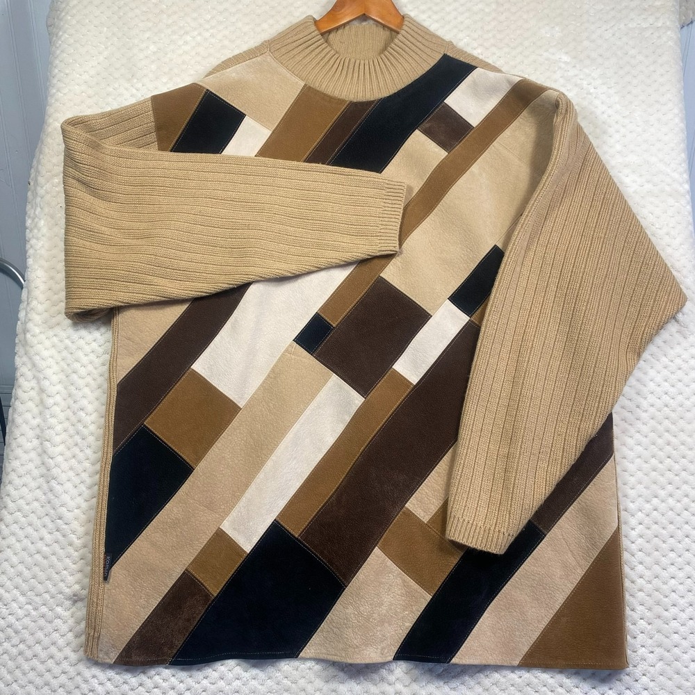 Vintage Koman Brown Patchwork Pullover Sweater Mens XXL Oversized Ribbed Knit
